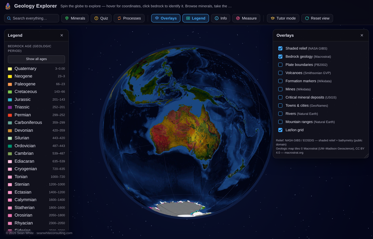 Geology Explorer — the globe showing bedrock geology by geologic period