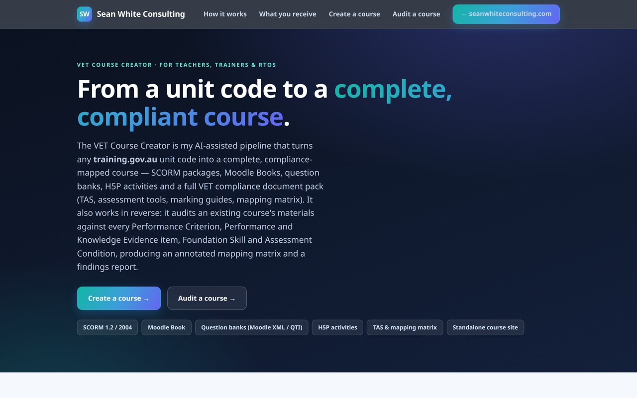 The VET Course Creator — from a unit code to a complete, compliant unit